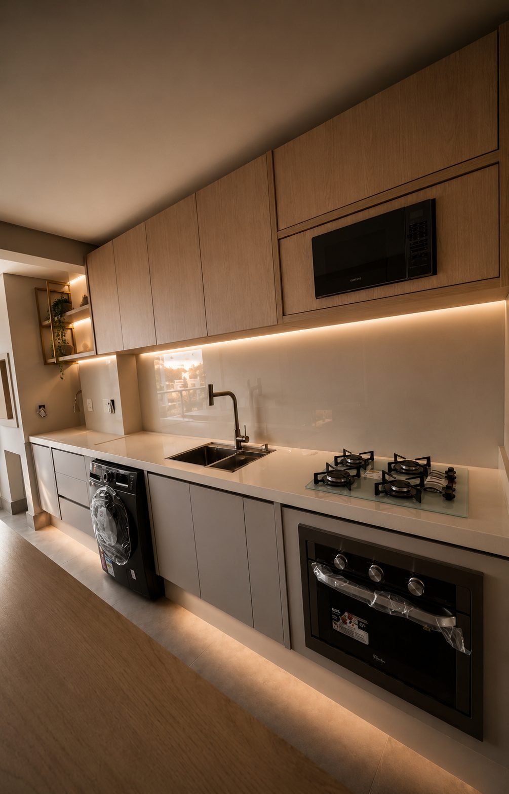 Cozinha linear com bancada em quartzo branco e iluminação embutida