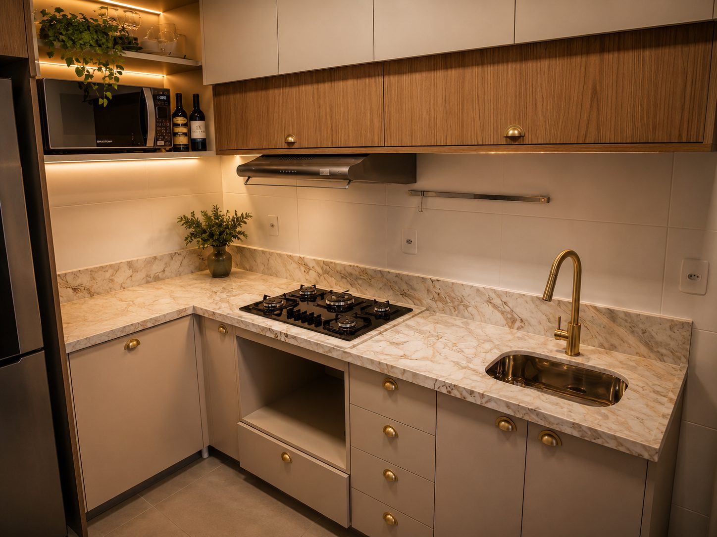 Cozinha planejada com bancada em mármore Calacatta e detalhes em latão