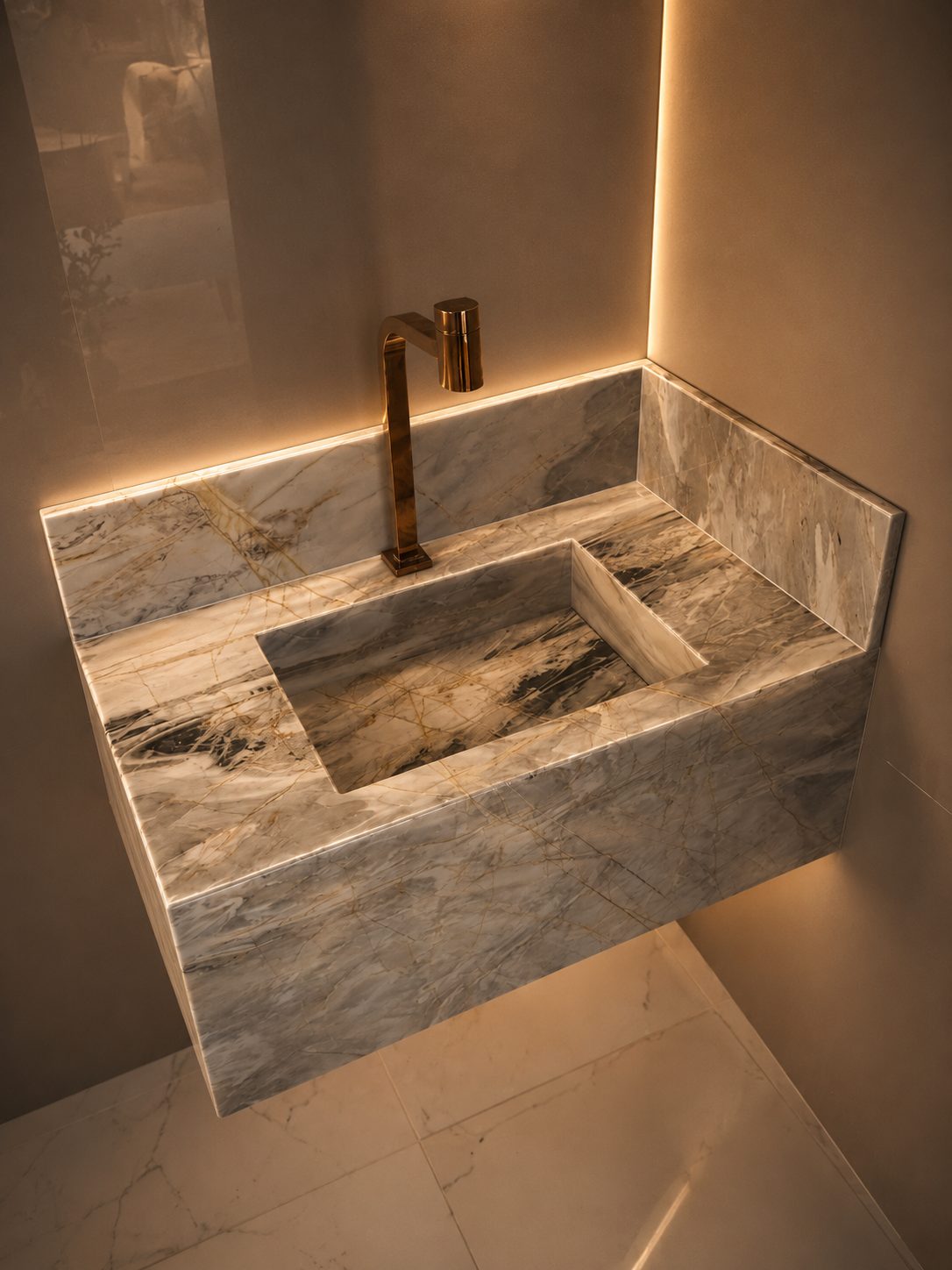 Lavabo com cuba esculpida em quartzito e torneira dourada
